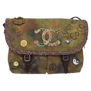 Chanel Embroidery Graffiti CC Canvas Leather Shoulder Bag Khaki